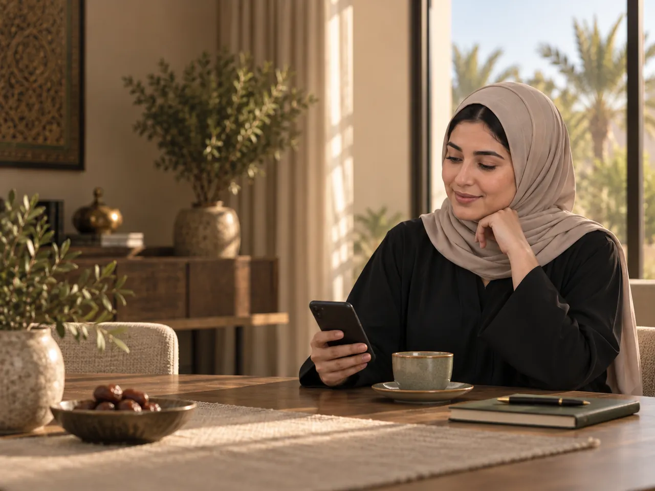 Illustrative scene of an adult Saudi daughter calmly checking a phone at home; the screen is not visible